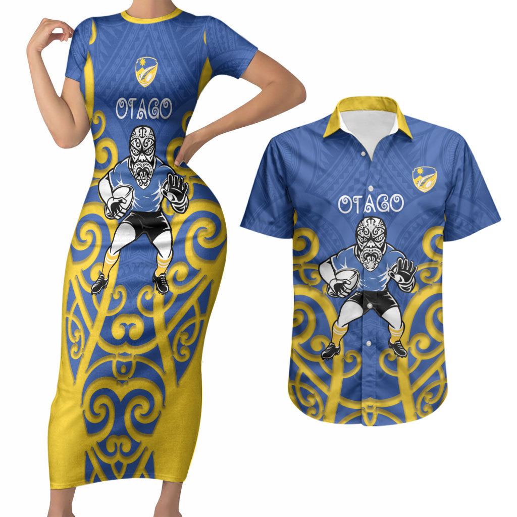 Otago Custom Rugby New Zealand Couples Matching Short Sleeve Bodycon Dress and Hawaiian Shirt Aotearoa Maori Pukana Tiki Mascot