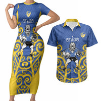 Otago Custom Rugby New Zealand Couples Matching Short Sleeve Bodycon Dress and Hawaiian Shirt Aotearoa Maori Pukana Tiki Mascot