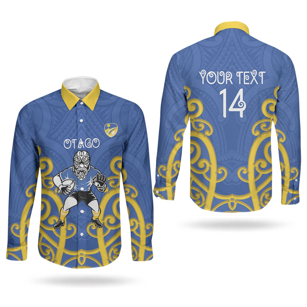 Otago Custom Rugby New Zealand Couples Matching Short Sleeve Bodycon Dress and Long Sleeve Button Shirt Aotearoa Maori Pukana Tiki Mascot