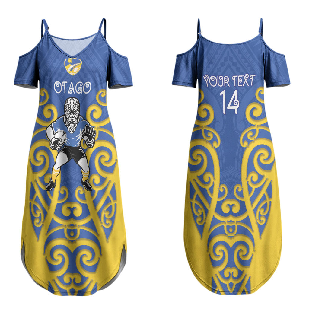 Otago Custom Rugby New Zealand Couples Matching Summer Maxi Dress and Long Sleeve Button Shirt Aotearoa Maori Pukana Tiki Mascot