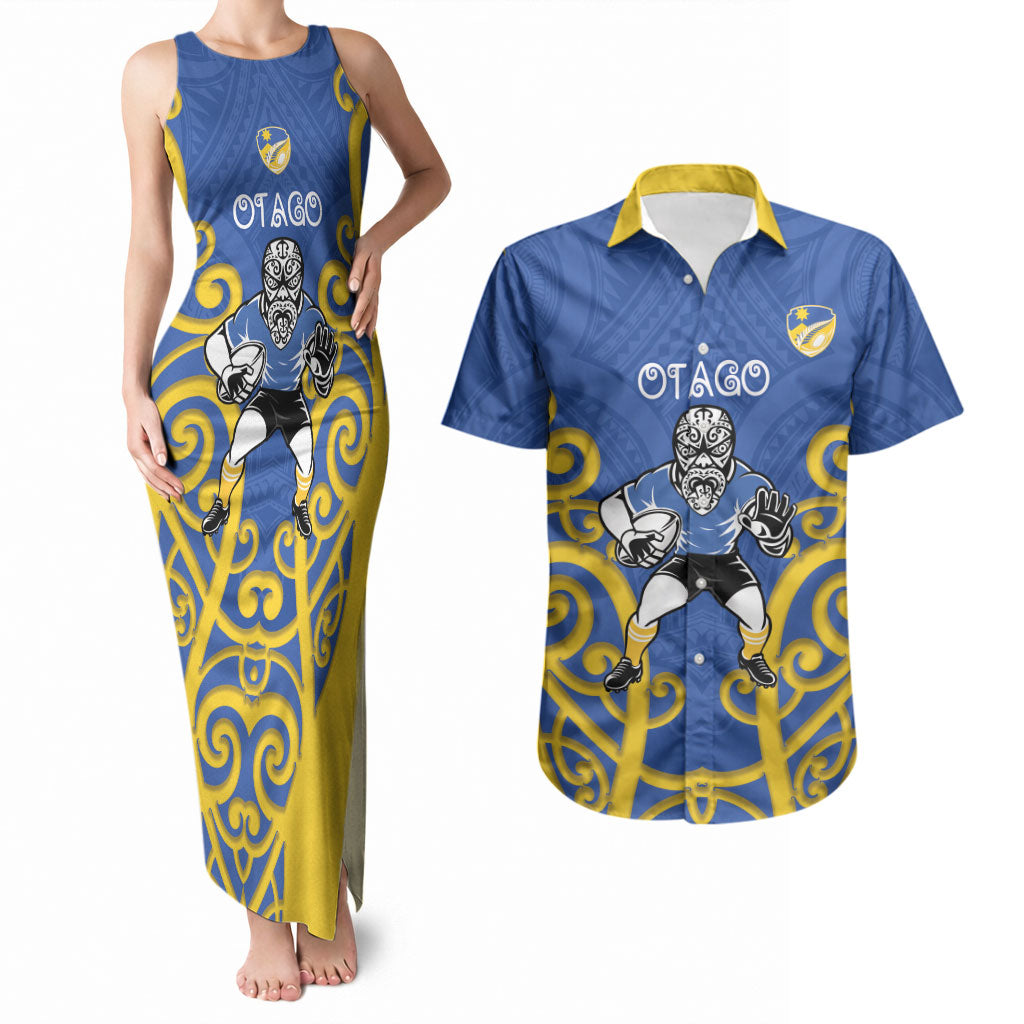 Otago Custom Rugby New Zealand Couples Matching Tank Maxi Dress and Hawaiian Shirt Aotearoa Maori Pukana Tiki Mascot