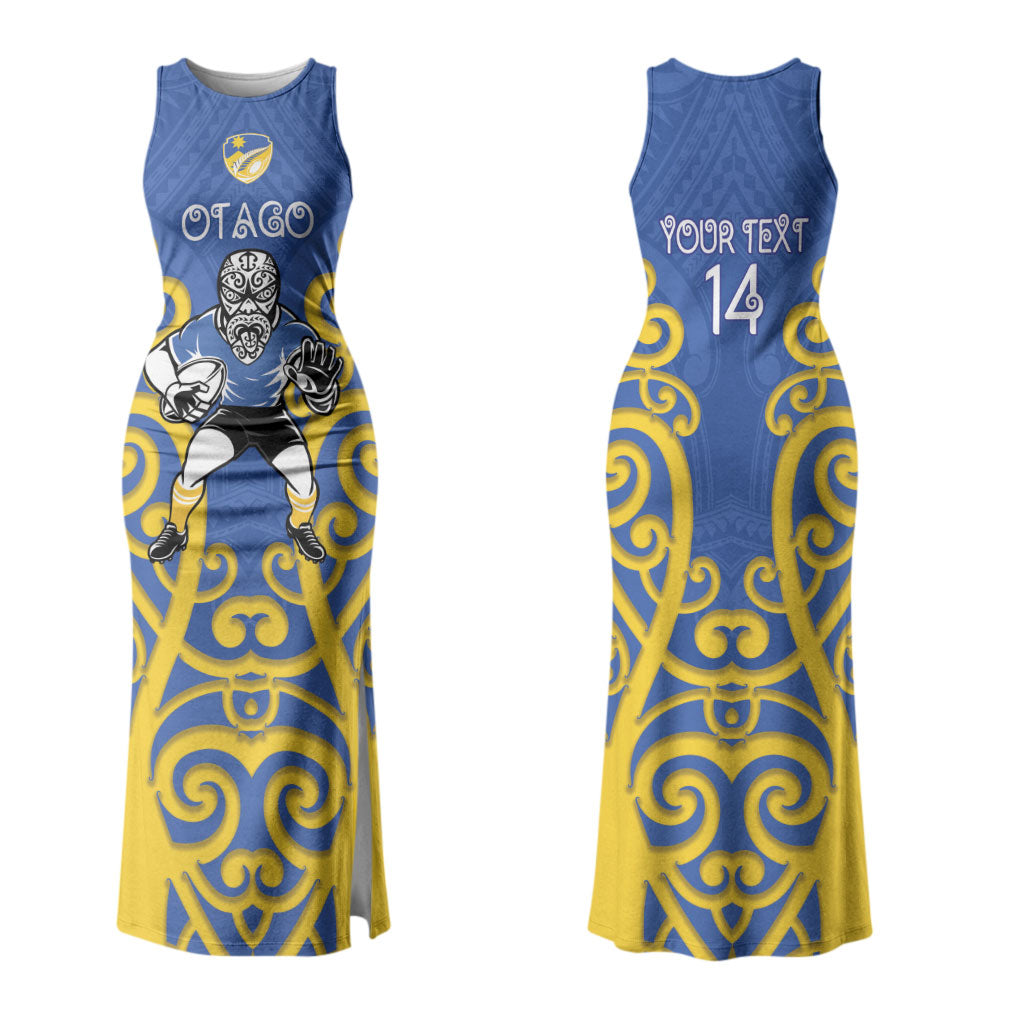 Otago Custom Rugby New Zealand Couples Matching Tank Maxi Dress and Hawaiian Shirt Aotearoa Maori Pukana Tiki Mascot
