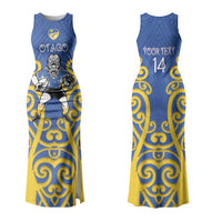 Otago Custom Rugby New Zealand Couples Matching Tank Maxi Dress and Hawaiian Shirt Aotearoa Maori Pukana Tiki Mascot