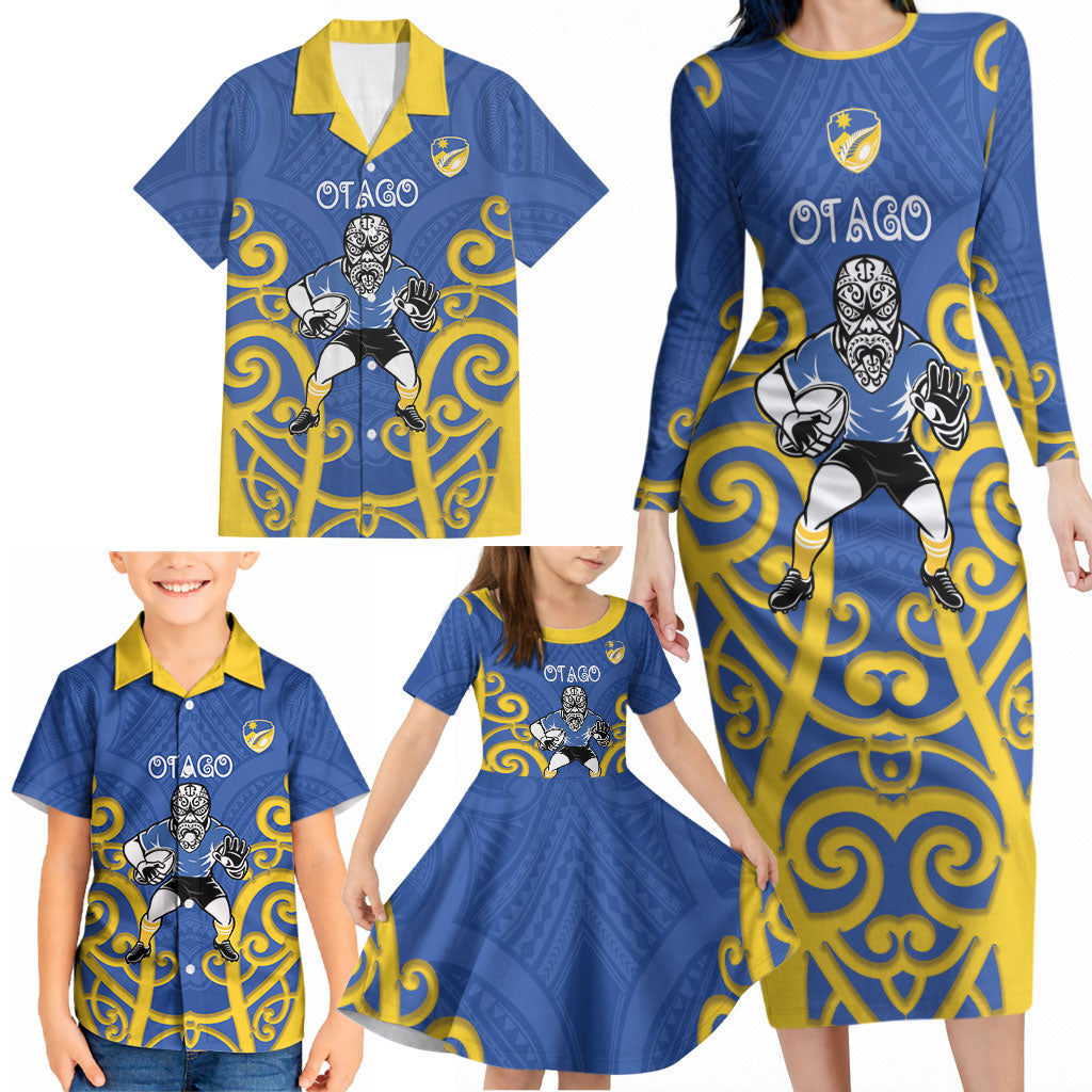 Otago Custom Rugby New Zealand Family Matching Long Sleeve Bodycon Dress and Hawaiian Shirt Aotearoa Maori Pukana Tiki Mascot