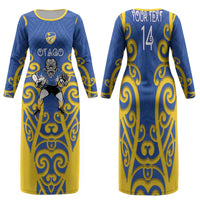 Otago Custom Rugby New Zealand Family Matching Long Sleeve Bodycon Dress and Hawaiian Shirt Aotearoa Maori Pukana Tiki Mascot