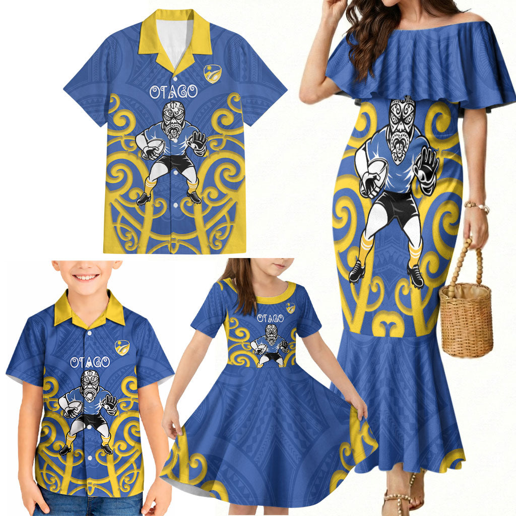 Otago Custom Rugby New Zealand Family Matching Mermaid Dress and Hawaiian Shirt Aotearoa Maori Pukana Tiki Mascot