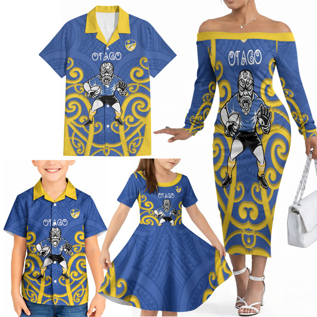 Otago Custom Rugby New Zealand Family Matching Off The Shoulder Long Sleeve Dress and Hawaiian Shirt Aotearoa Maori Pukana Tiki Mascot