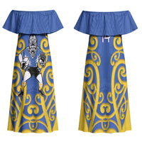 Otago Custom Rugby New Zealand Family Matching Off Shoulder Maxi Dress and Hawaiian Shirt Aotearoa Maori Pukana Tiki Mascot