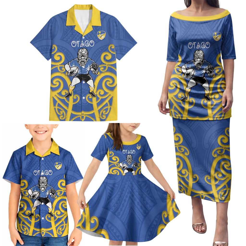 Otago Custom Rugby New Zealand Family Matching Puletasi and Hawaiian Shirt Aotearoa Maori Pukana Tiki Mascot