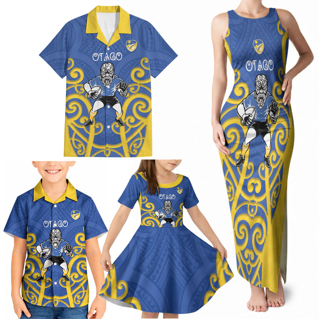 Otago Custom Rugby New Zealand Family Matching Tank Maxi Dress and Hawaiian Shirt Aotearoa Maori Pukana Tiki Mascot