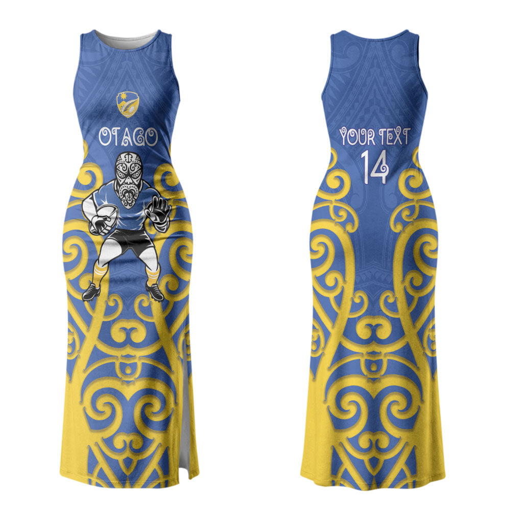 Otago Custom Rugby New Zealand Family Matching Tank Maxi Dress and Hawaiian Shirt Aotearoa Maori Pukana Tiki Mascot