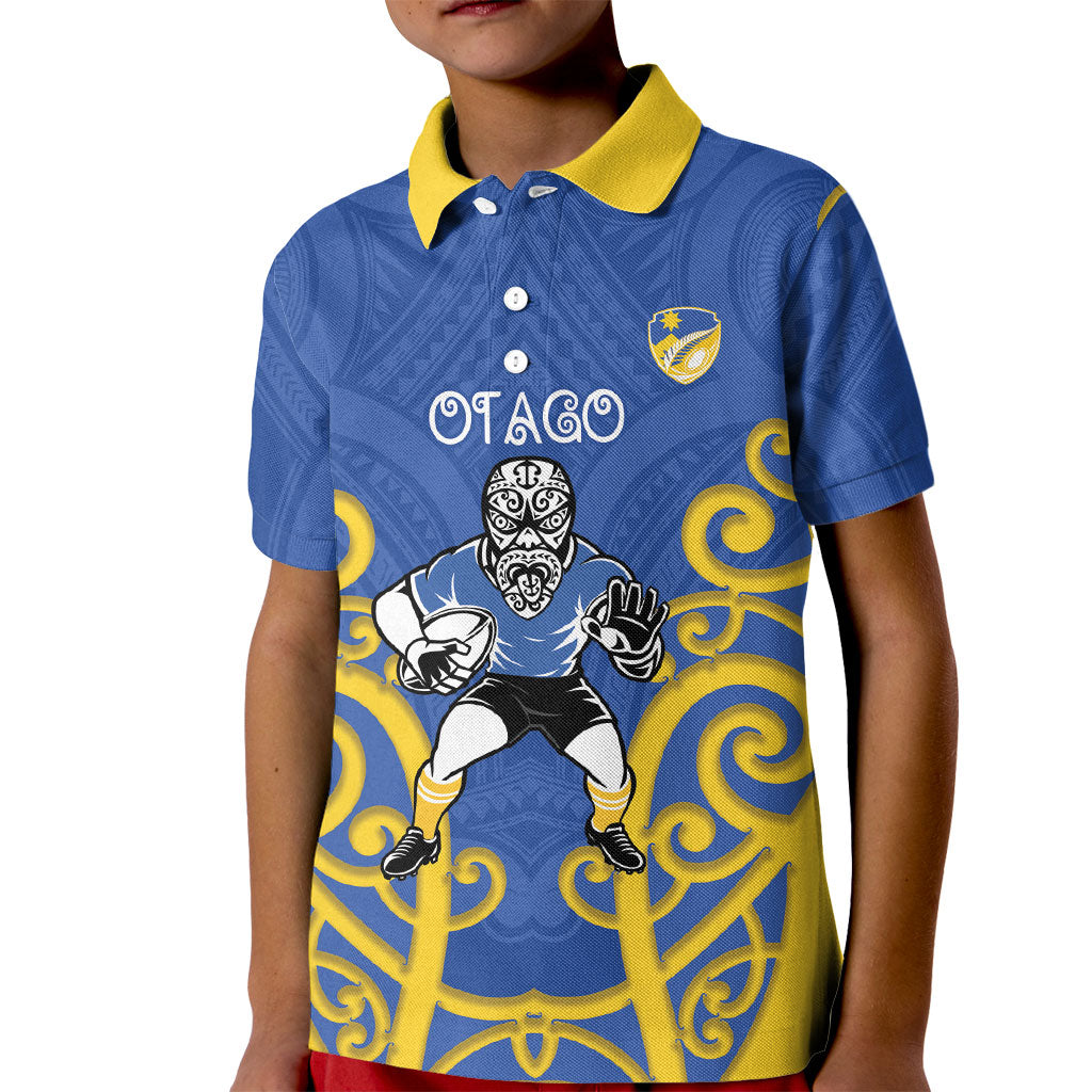 Otago Custom Rugby New Zealand Kid Polo Shirt Aotearoa Maori Pukana Tiki Mascot