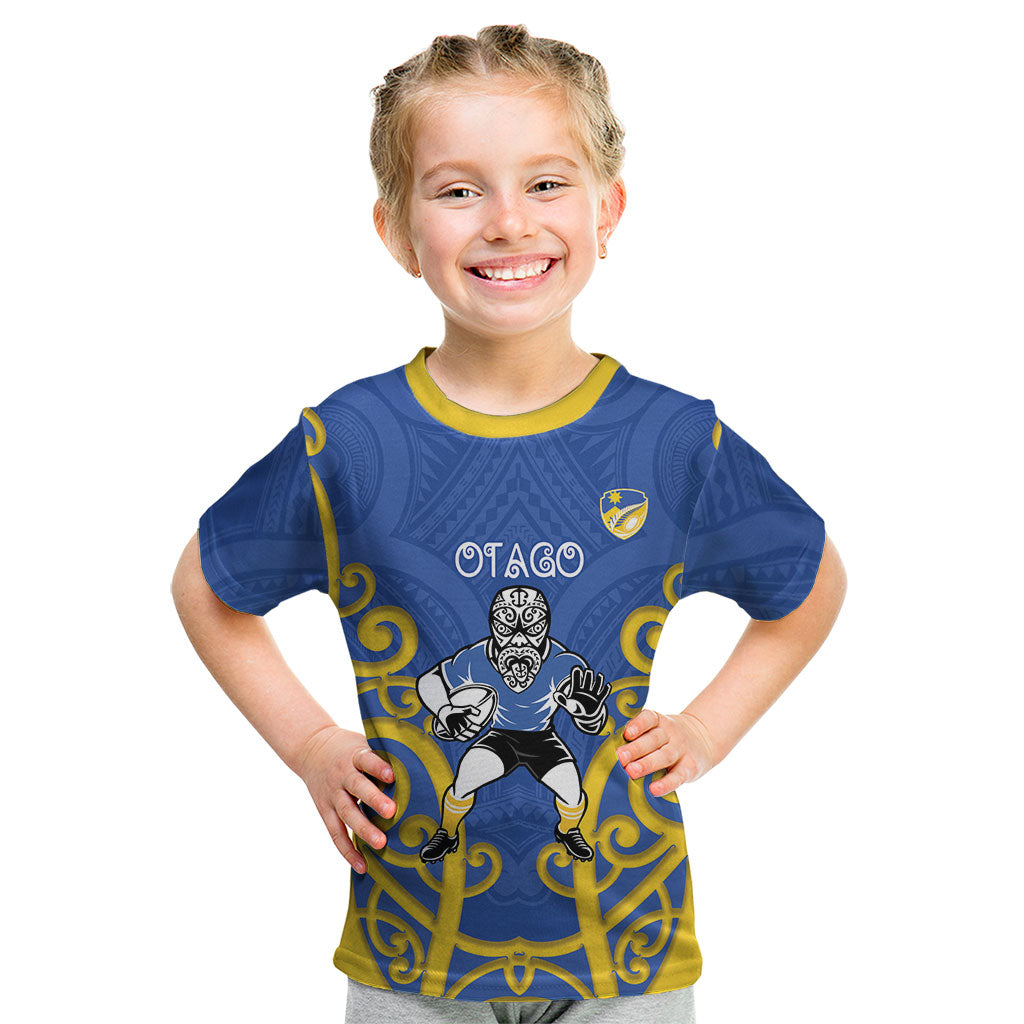Otago Custom Rugby New Zealand Kid T Shirt Aotearoa Maori Pukana Tiki Mascot