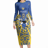 Otago Custom Rugby New Zealand Long Sleeve Bodycon Dress Aotearoa Maori Pukana Tiki Mascot