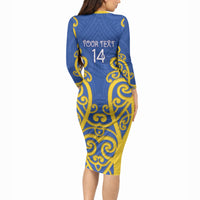 Otago Custom Rugby New Zealand Long Sleeve Bodycon Dress Aotearoa Maori Pukana Tiki Mascot