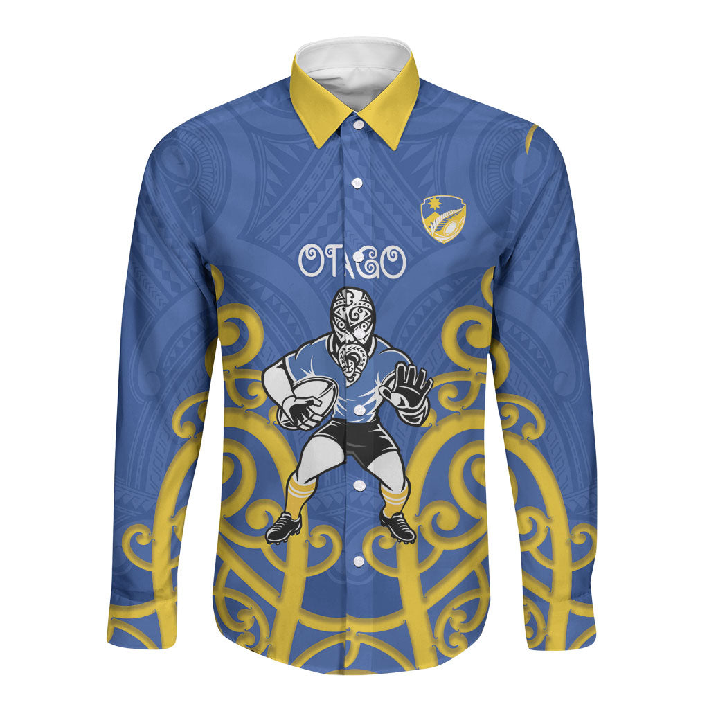 Otago Custom Rugby New Zealand Long Sleeve Button Shirt Aotearoa Maori Pukana Tiki Mascot