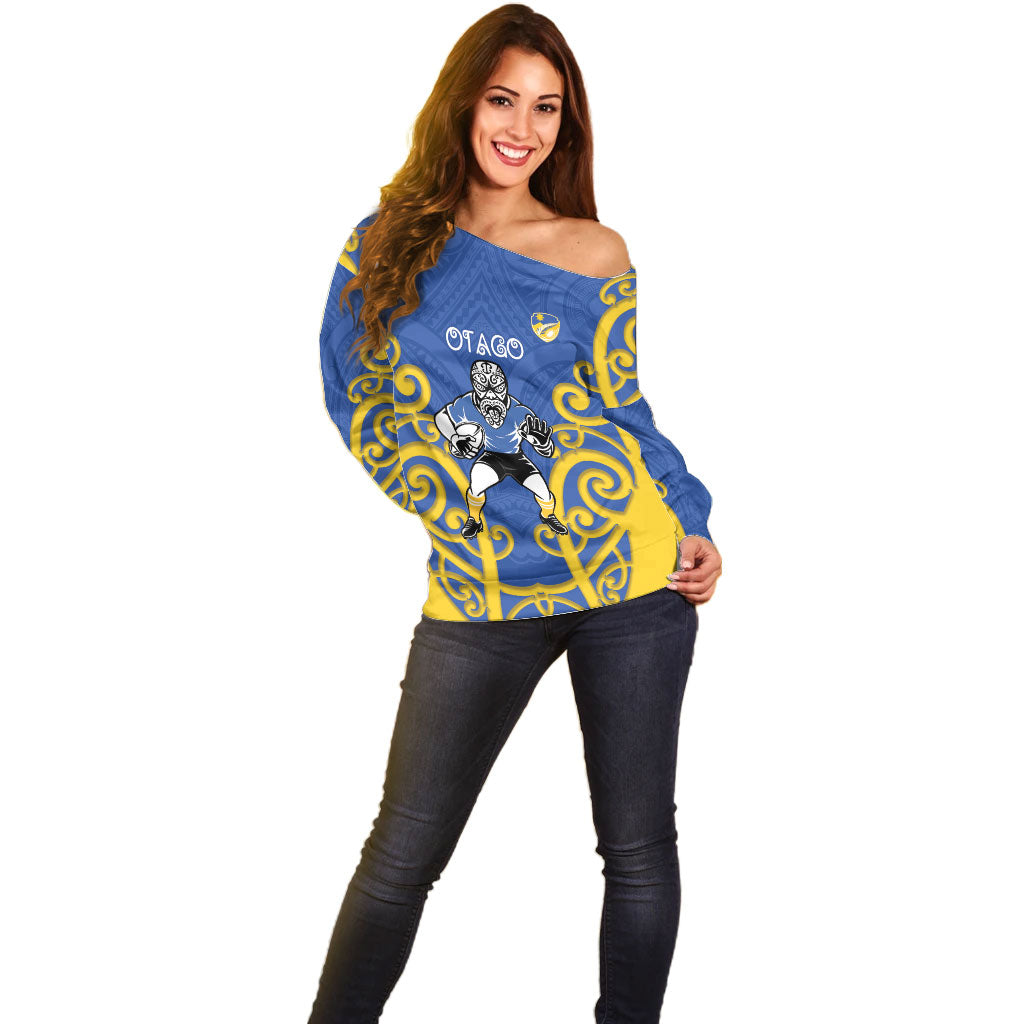Otago Custom Rugby New Zealand Off Shoulder Sweater Aotearoa Maori Pukana Tiki Mascot