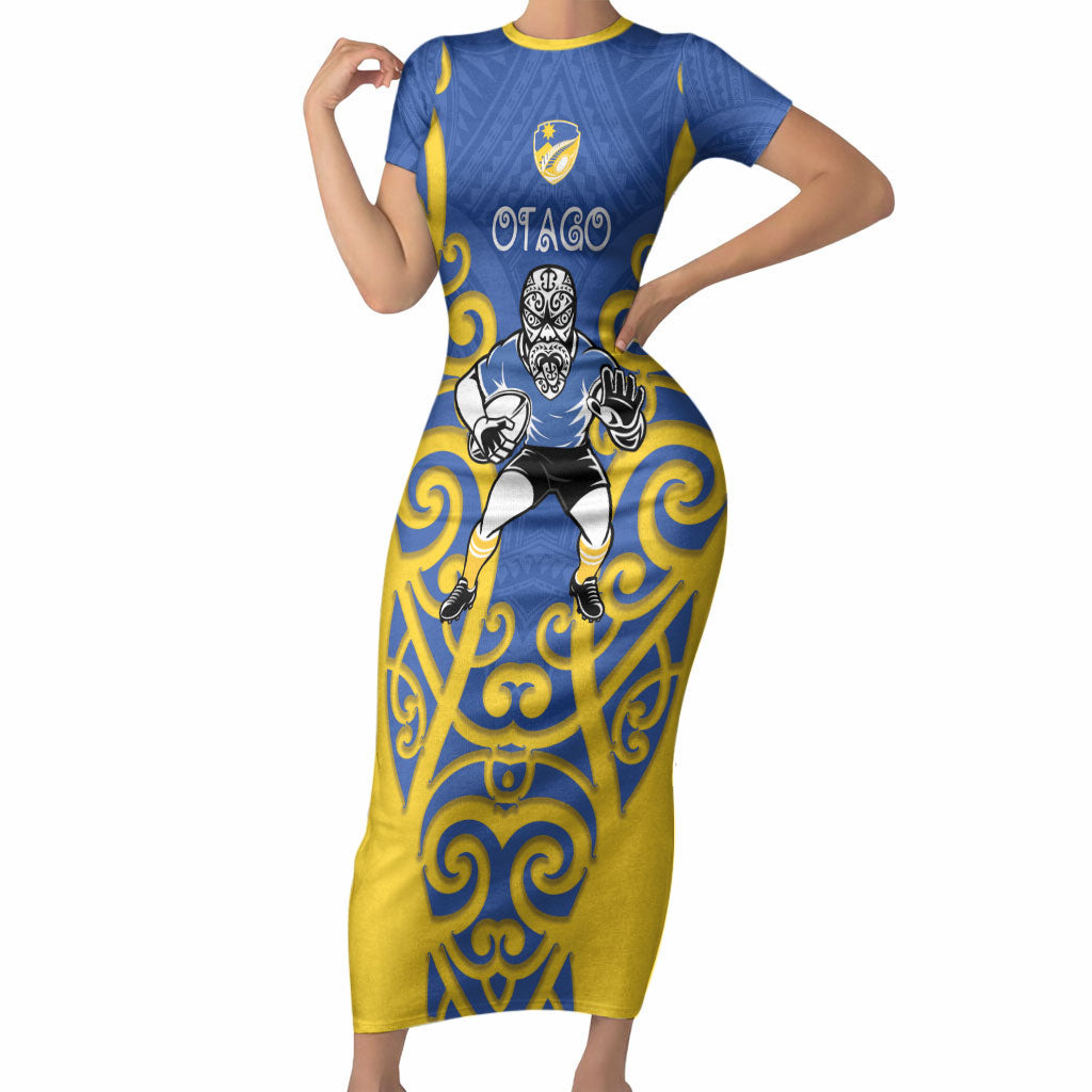 Otago Custom Rugby New Zealand Short Sleeve Bodycon Dress Aotearoa Maori Pukana Tiki Mascot