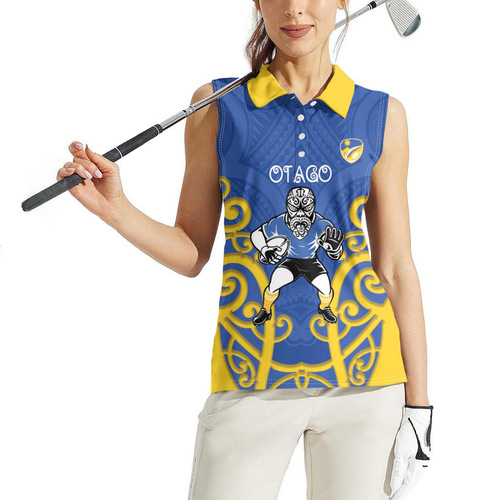 Otago Custom Rugby New Zealand Women Sleeveless Polo Shirt Aotearoa Maori Pukana Tiki Mascot