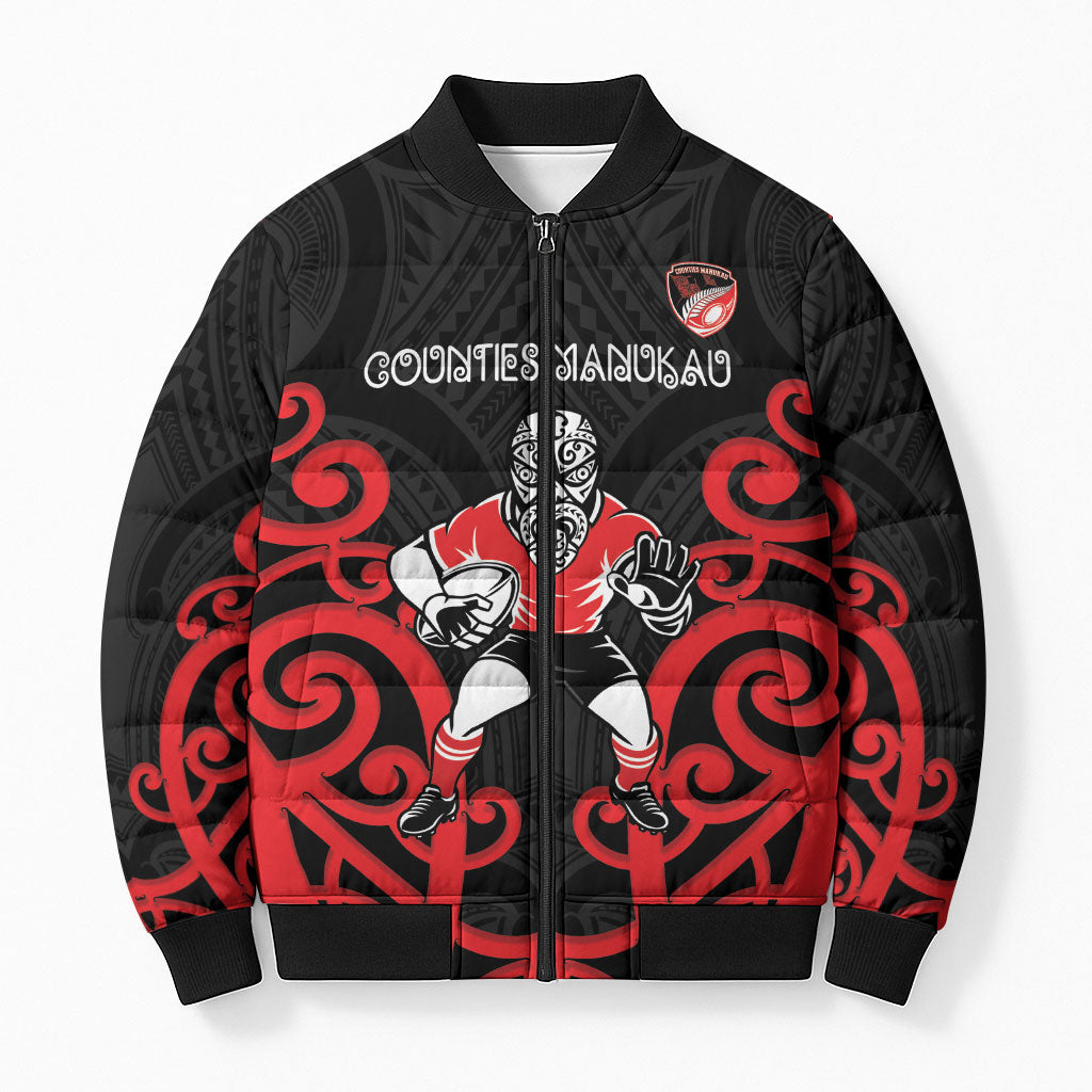 Counties Manukau Custom Rugby New Zealand Bomber Puffer Jacket Aotearoa Maori Pukana Tiki Mascot