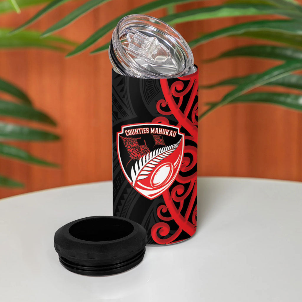 Counties Manukau Custom Rugby New Zealand 4 in 1 Can Cooler Tumbler Aotearoa Maori Pukana Tiki Mascot