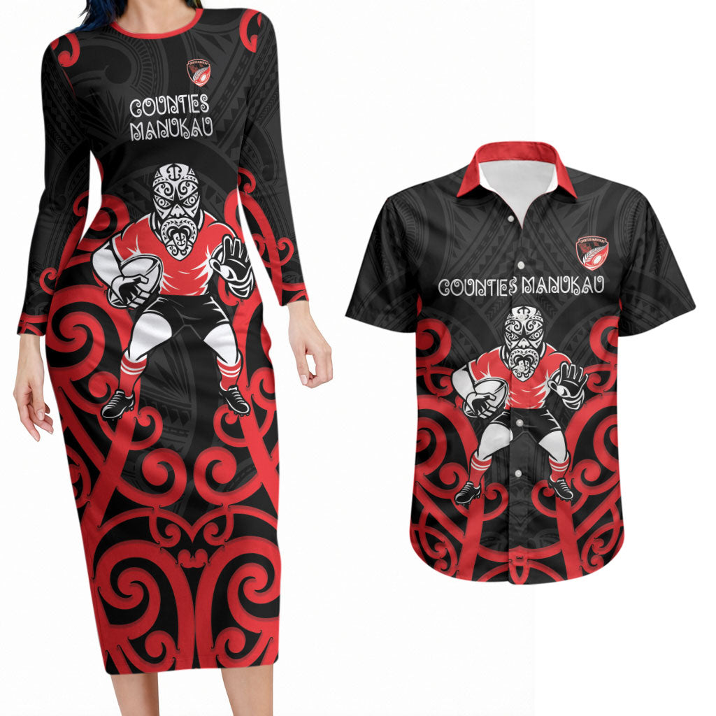 Counties Manukau Custom Rugby New Zealand Couples Matching Long Sleeve Bodycon Dress and Hawaiian Shirt Aotearoa Maori Pukana Tiki Mascot