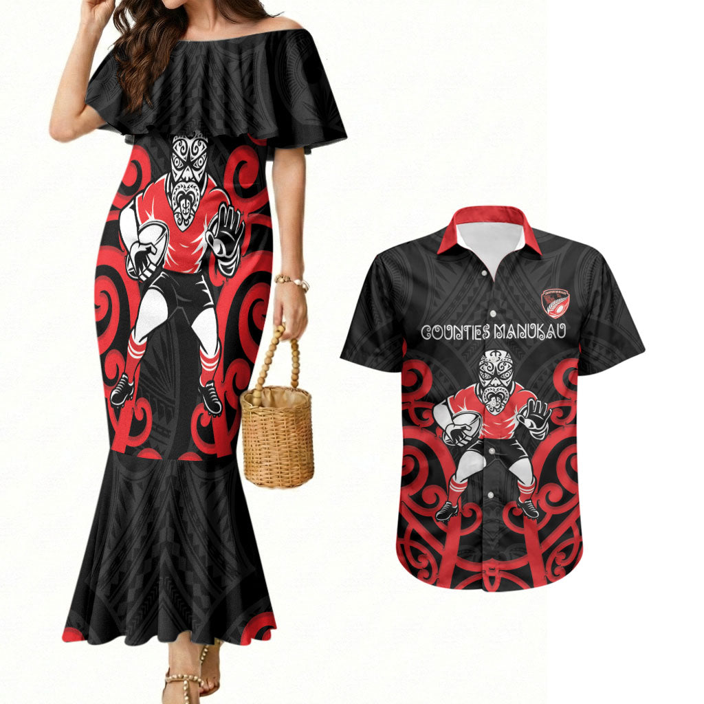 Counties Manukau Custom Rugby New Zealand Couples Matching Mermaid Dress and Hawaiian Shirt Aotearoa Maori Pukana Tiki Mascot