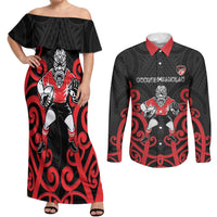 Counties Manukau Custom Rugby New Zealand Couples Matching Off Shoulder Maxi Dress and Long Sleeve Button Shirt Aotearoa Maori Pukana Tiki Mascot