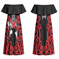 Counties Manukau Custom Rugby New Zealand Couples Matching Off Shoulder Maxi Dress and Long Sleeve Button Shirt Aotearoa Maori Pukana Tiki Mascot