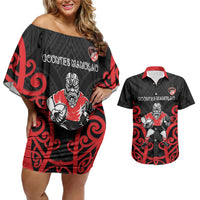 Counties Manukau Custom Rugby New Zealand Couples Matching Off Shoulder Short Dress and Hawaiian Shirt Aotearoa Maori Pukana Tiki Mascot
