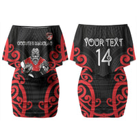 Counties Manukau Custom Rugby New Zealand Couples Matching Off Shoulder Short Dress and Hawaiian Shirt Aotearoa Maori Pukana Tiki Mascot