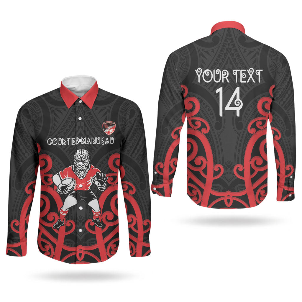 Counties Manukau Custom Rugby New Zealand Couples Matching Puletasi and Long Sleeve Button Shirt Aotearoa Maori Pukana Tiki Mascot