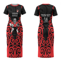 Counties Manukau Custom Rugby New Zealand Couples Matching Short Sleeve Bodycon Dress and Hawaiian Shirt Aotearoa Maori Pukana Tiki Mascot
