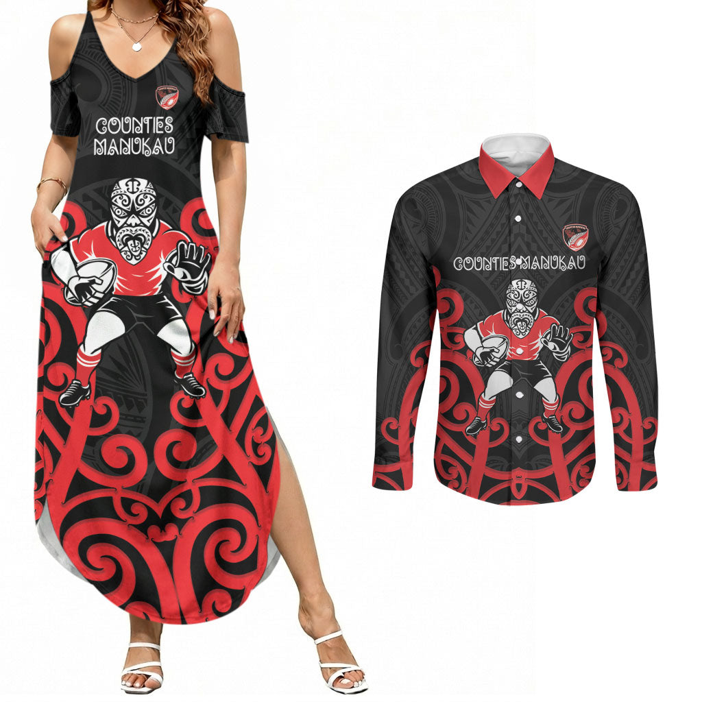 Counties Manukau Custom Rugby New Zealand Couples Matching Summer Maxi Dress and Long Sleeve Button Shirt Aotearoa Maori Pukana Tiki Mascot