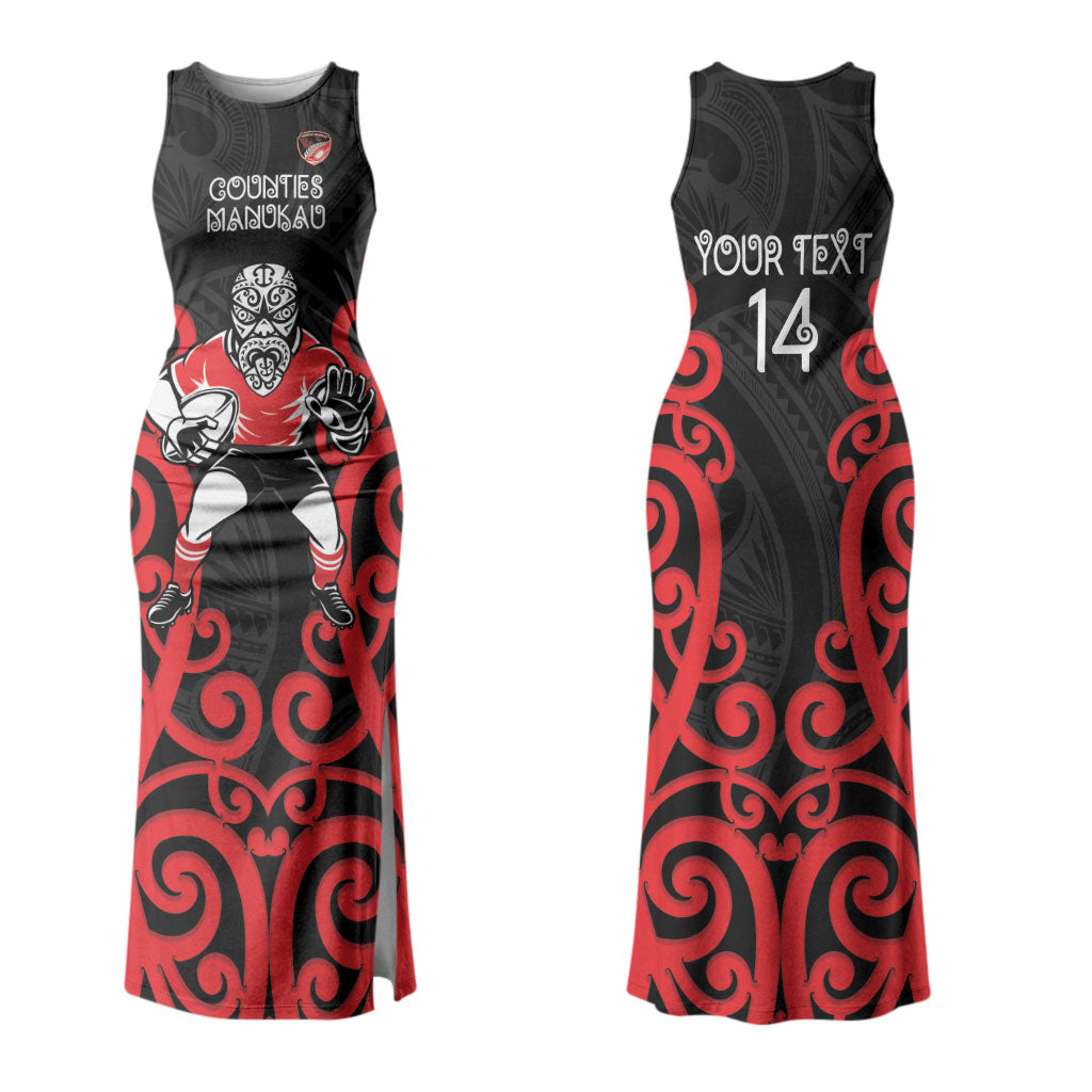 Counties Manukau Custom Rugby New Zealand Couples Matching Tank Maxi Dress and Hawaiian Shirt Aotearoa Maori Pukana Tiki Mascot