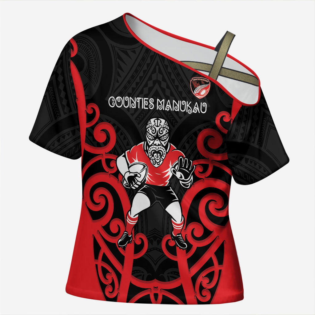 Counties Manukau Custom Rugby New Zealand Cross Shoulder Shirt Aotearoa Maori Pukana Tiki Mascot