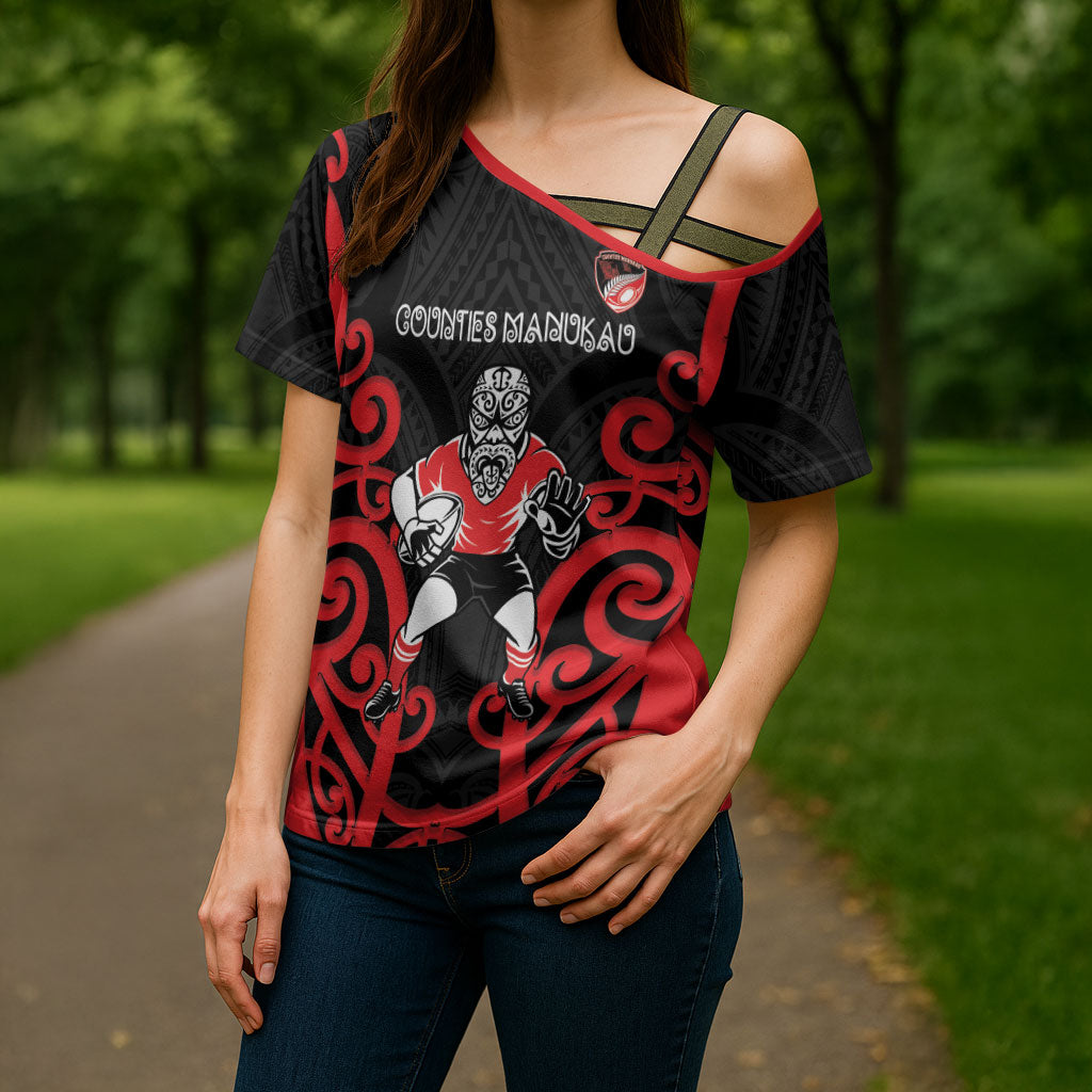 Counties Manukau Custom Rugby New Zealand Cross Shoulder Shirt Aotearoa Maori Pukana Tiki Mascot