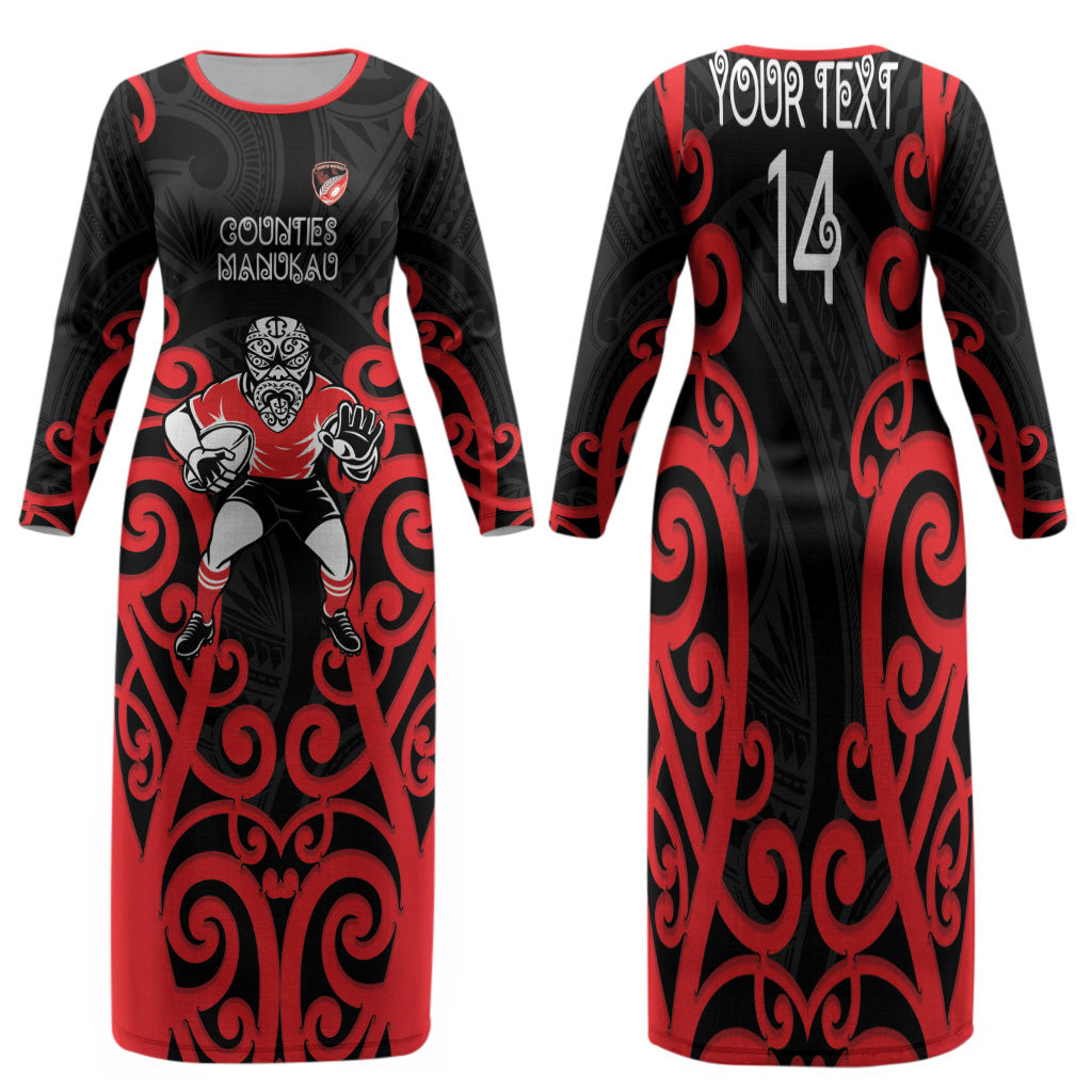 Counties Manukau Custom Rugby New Zealand Family Matching Long Sleeve Bodycon Dress and Hawaiian Shirt Aotearoa Maori Pukana Tiki Mascot