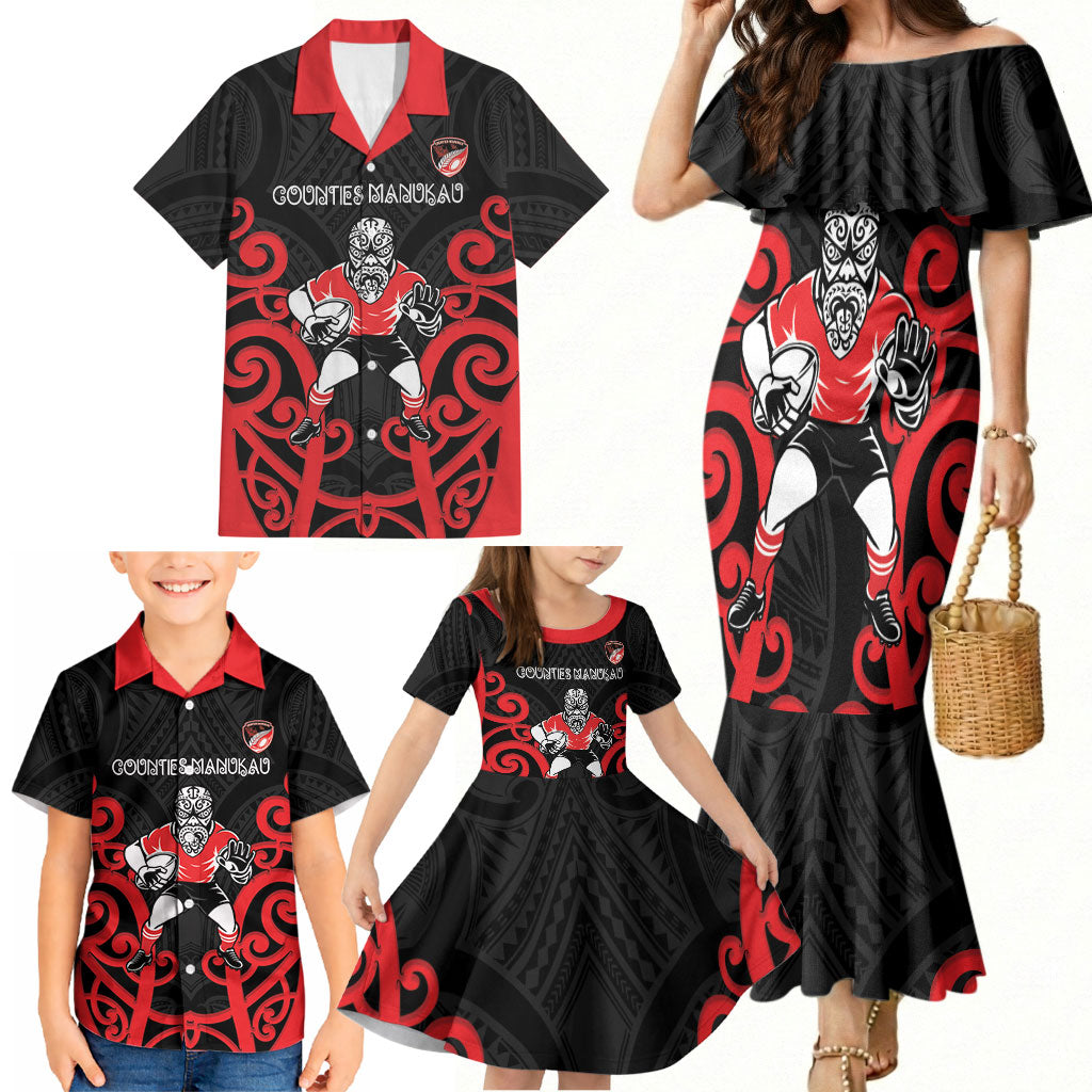 Counties Manukau Custom Rugby New Zealand Family Matching Mermaid Dress and Hawaiian Shirt Aotearoa Maori Pukana Tiki Mascot