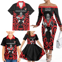 Counties Manukau Custom Rugby New Zealand Family Matching Off The Shoulder Long Sleeve Dress and Hawaiian Shirt Aotearoa Maori Pukana Tiki Mascot