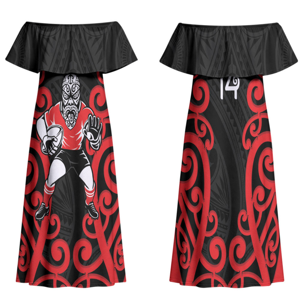 Counties Manukau Custom Rugby New Zealand Family Matching Off Shoulder Maxi Dress and Hawaiian Shirt Aotearoa Maori Pukana Tiki Mascot