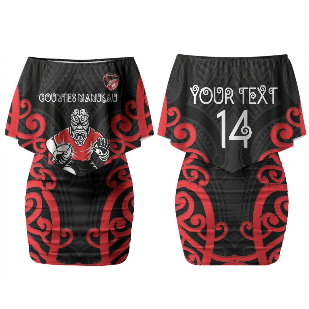 Counties Manukau Custom Rugby New Zealand Family Matching Off Shoulder Short Dress and Hawaiian Shirt Aotearoa Maori Pukana Tiki Mascot