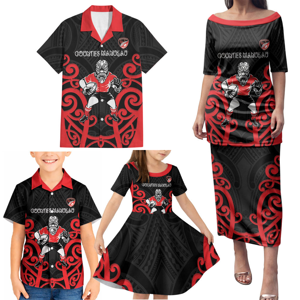 Counties Manukau Custom Rugby New Zealand Family Matching Puletasi and Hawaiian Shirt Aotearoa Maori Pukana Tiki Mascot
