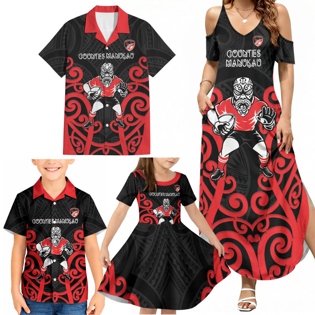 Counties Manukau Custom Rugby New Zealand Family Matching Summer Maxi Dress and Hawaiian Shirt Aotearoa Maori Pukana Tiki Mascot