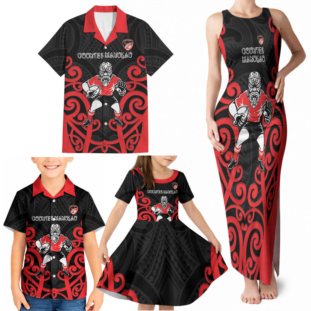 Counties Manukau Custom Rugby New Zealand Family Matching Tank Maxi Dress and Hawaiian Shirt Aotearoa Maori Pukana Tiki Mascot