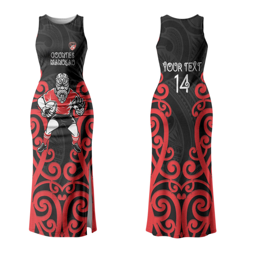 Counties Manukau Custom Rugby New Zealand Family Matching Tank Maxi Dress and Hawaiian Shirt Aotearoa Maori Pukana Tiki Mascot