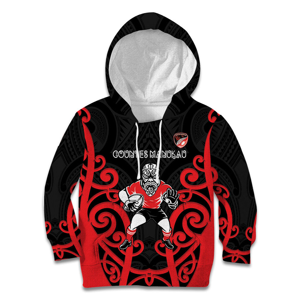 Counties Manukau Custom Rugby New Zealand Kid Hoodie Aotearoa Maori Pukana Tiki Mascot