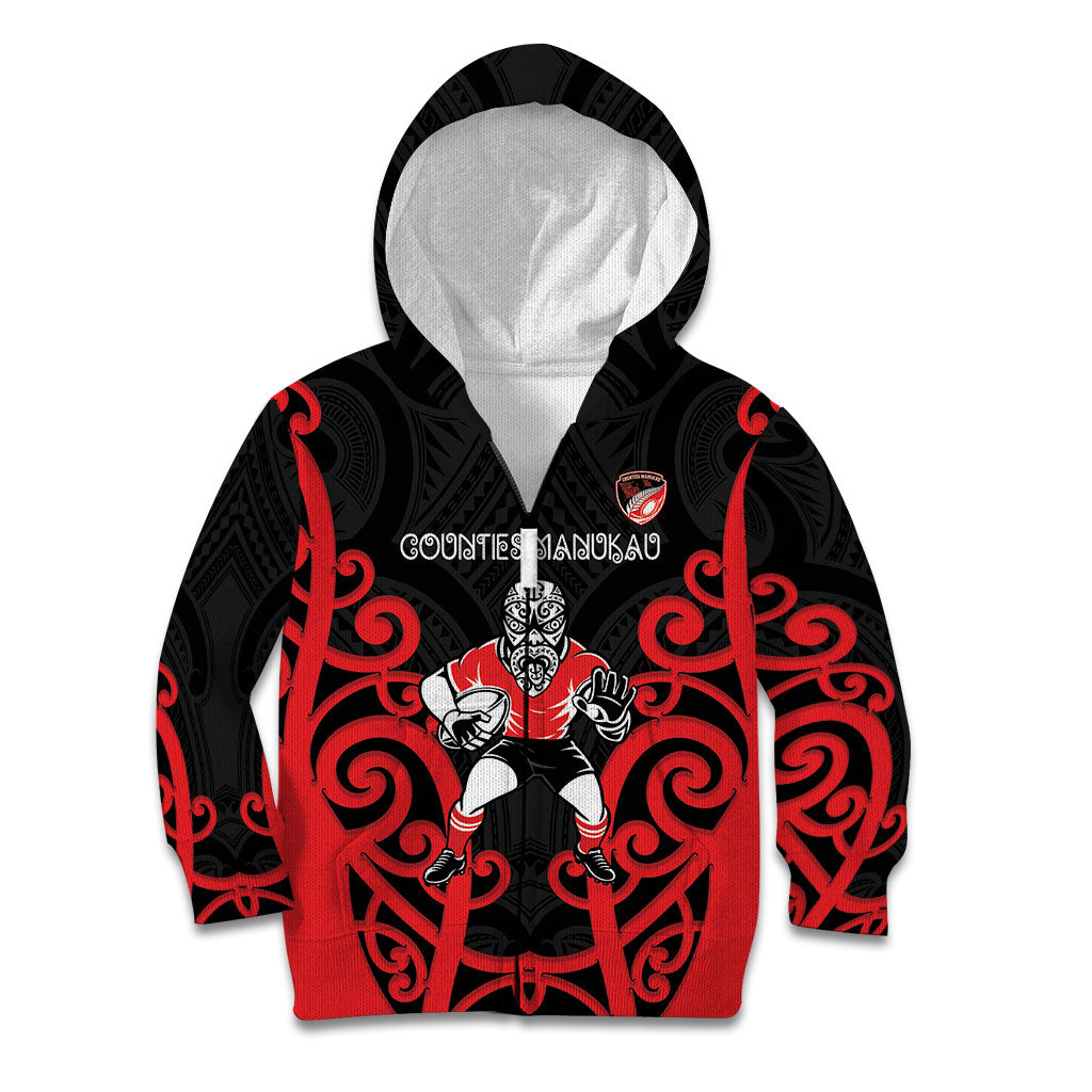 Counties Manukau Custom Rugby New Zealand Kid Hoodie Aotearoa Maori Pukana Tiki Mascot