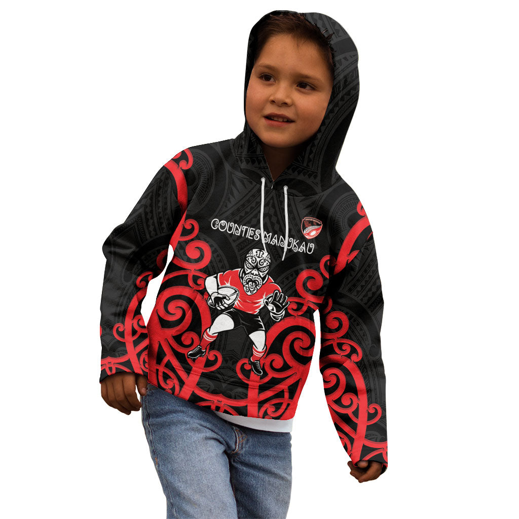 Counties Manukau Custom Rugby New Zealand Kid Hoodie Aotearoa Maori Pukana Tiki Mascot