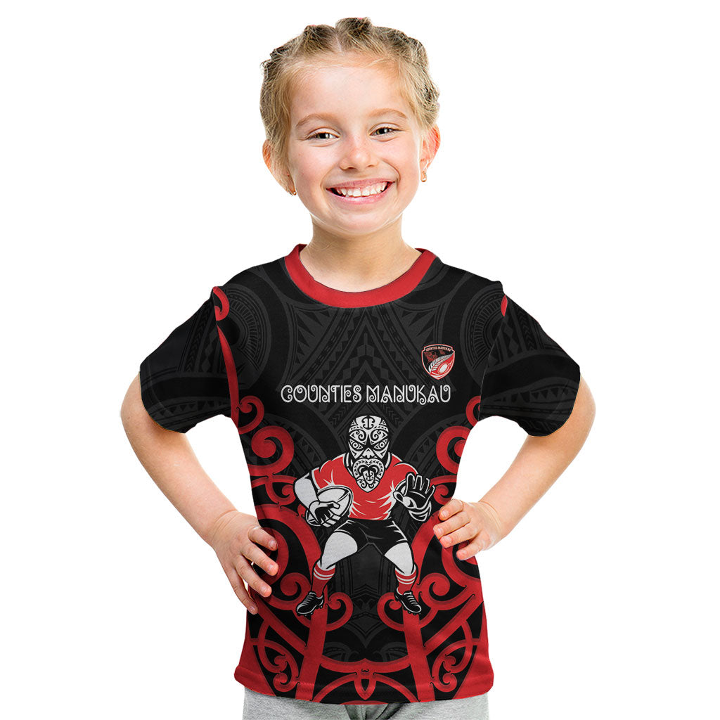 Counties Manukau Custom Rugby New Zealand Kid T Shirt Aotearoa Maori Pukana Tiki Mascot